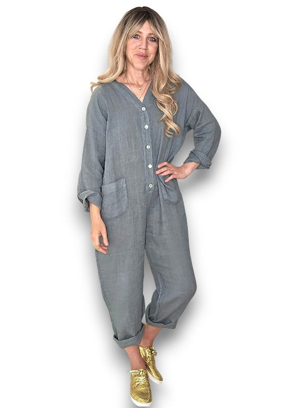 Grey Pearl Front Buttons Long Sl Jumpsuit