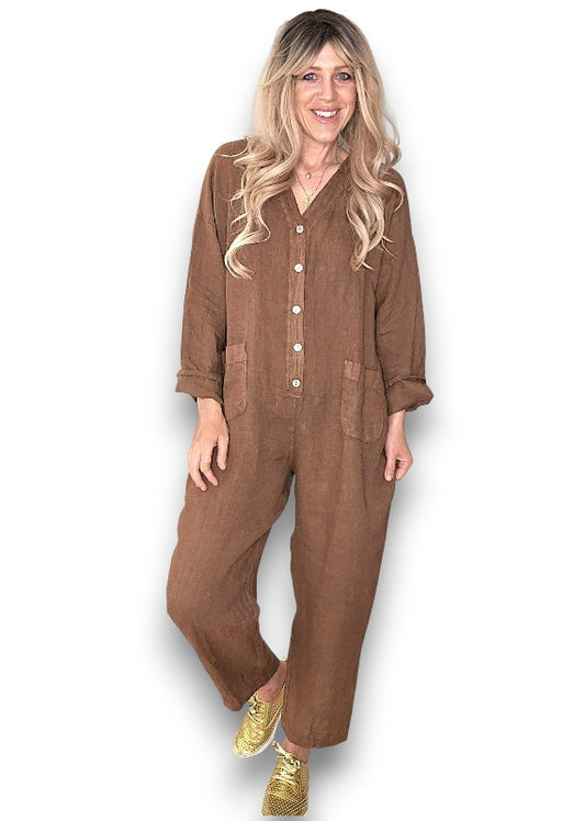 Coffee Pearl Front Buttons Long Sl Jumpsuit