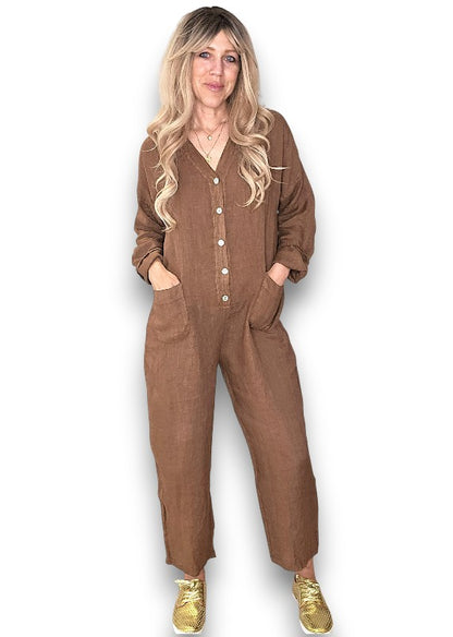 Coffee Pearl Front Buttons Long Sl Jumpsuit