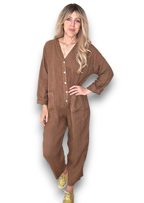 Coffee Pearl Front Buttons Long Sl Jumpsuit