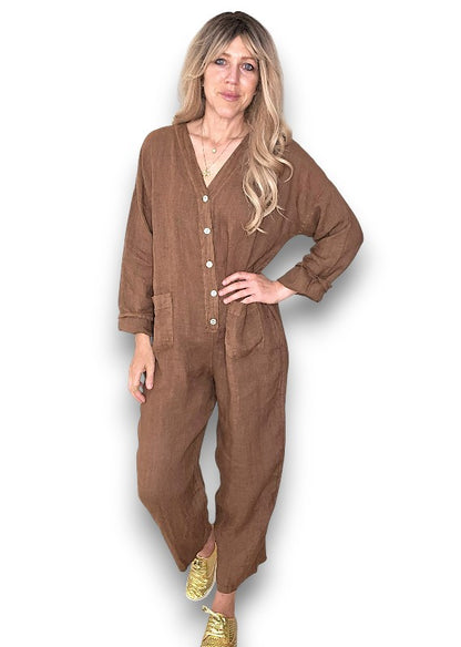 Coffee Pearl Front Buttons Long Sl Jumpsuit