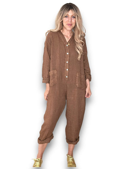 Coffee Pearl Front Buttons Long Sl Jumpsuit
