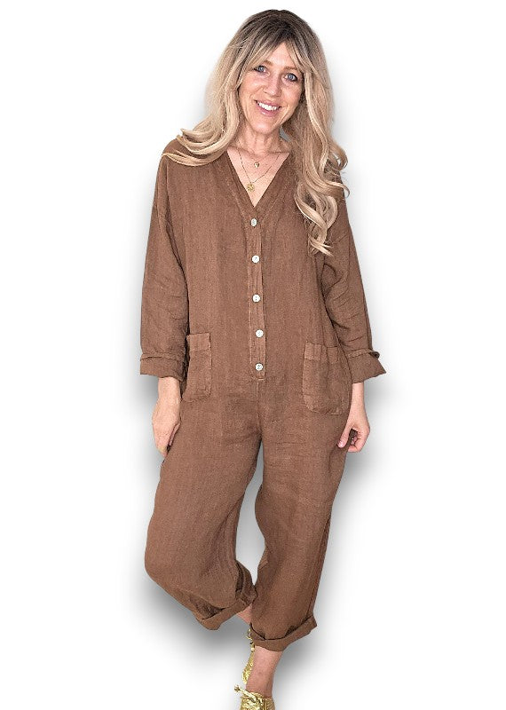 Coffee Pearl Front Buttons Long Sl Jumpsuit