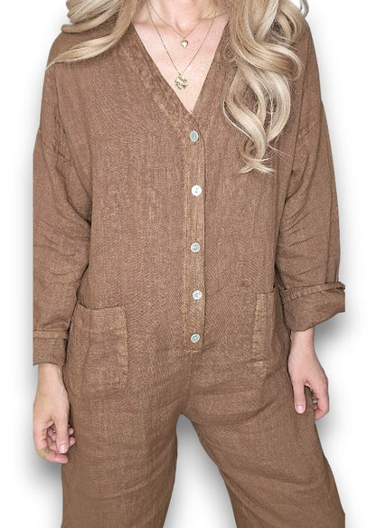 Coffee Pearl Front Buttons Long Sl Jumpsuit