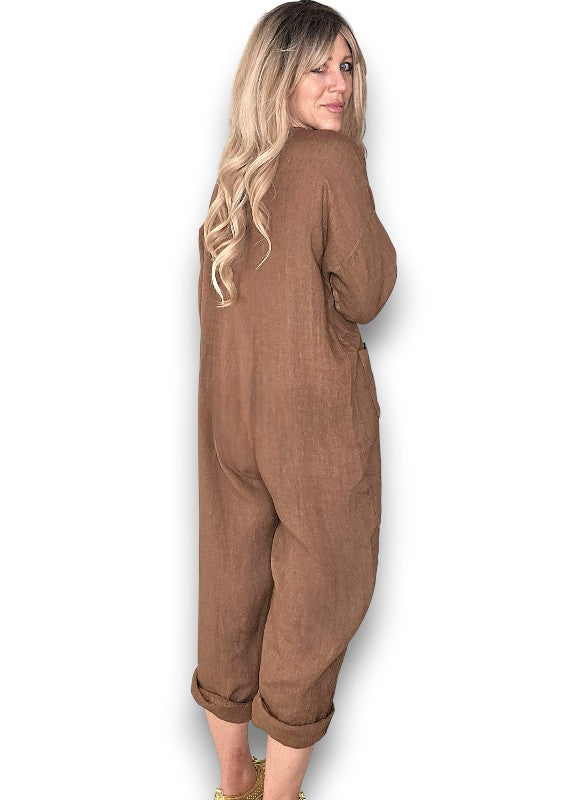 Coffee Pearl Front Buttons Long Sl Jumpsuit