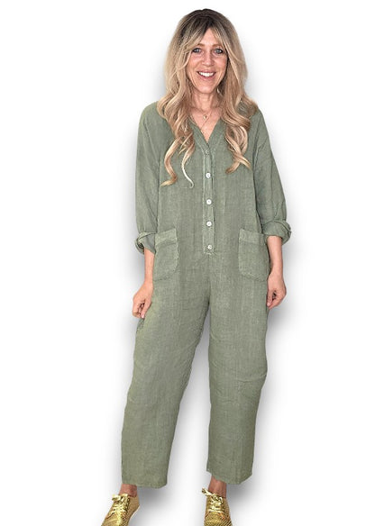 Forest Pearl Front Buttons Long Sl Jumpsuit