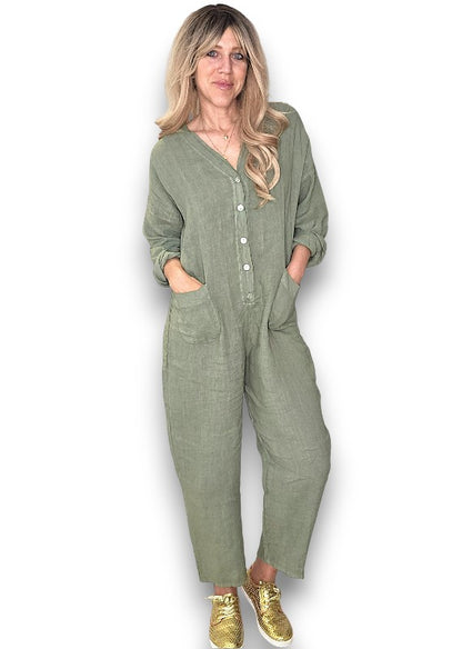 Forest Pearl Front Buttons Long Sl Jumpsuit