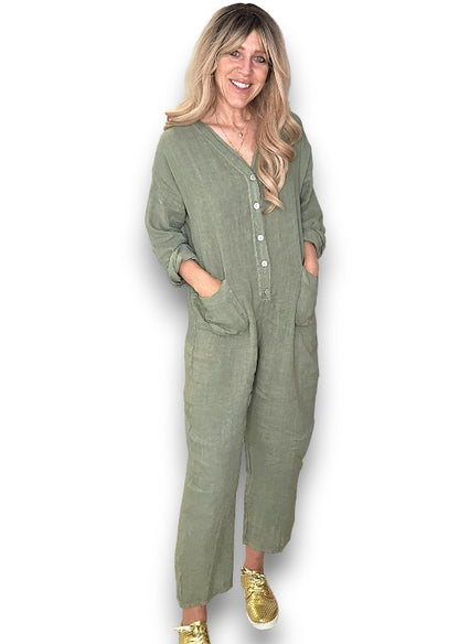 Forest Pearl Front Buttons Long Sl Jumpsuit