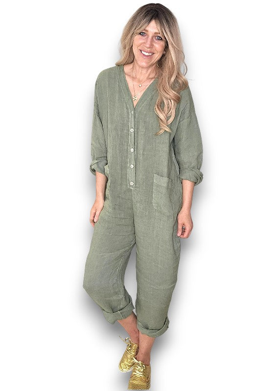Forest Pearl Front Buttons Long Sl Jumpsuit