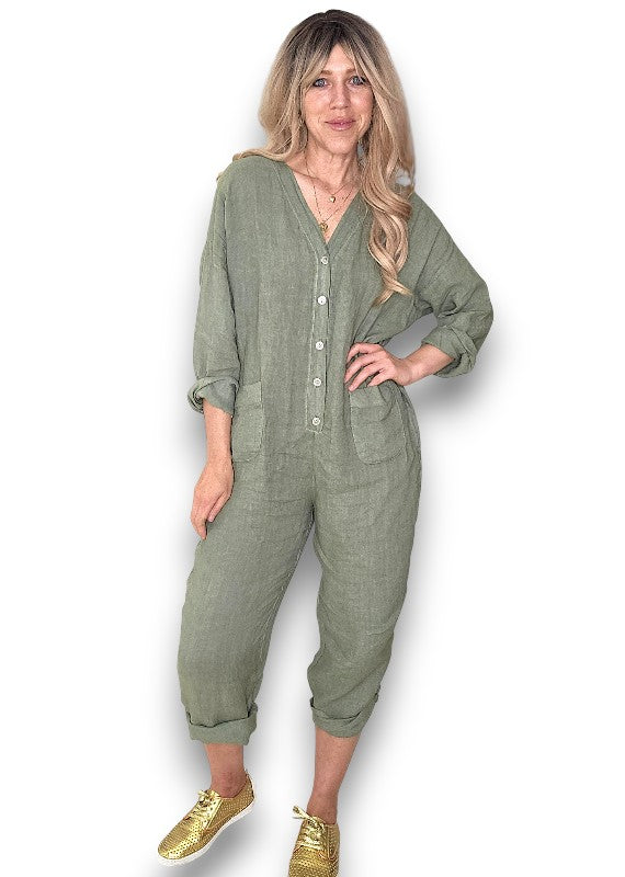 Forest Pearl Front Buttons Long Sl Jumpsuit