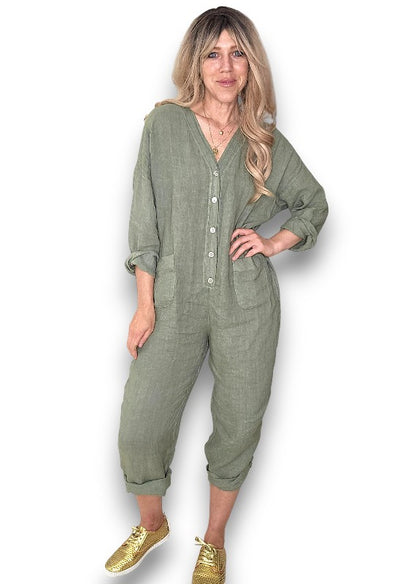Forest Pearl Front Buttons Long Sl Jumpsuit