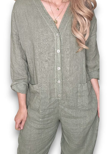 Forest Pearl Front Buttons Long Sl Jumpsuit