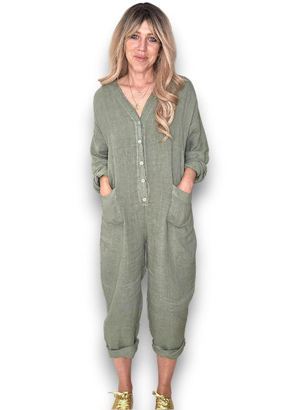 Forest Pearl Front Buttons Long Sl Jumpsuit
