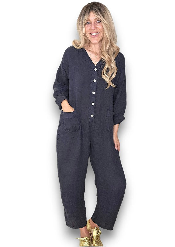 Navy Pearl Front Buttons Long Sl Jumpsuit