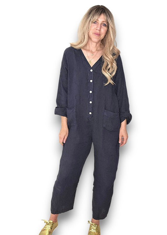 Navy Pearl Front Buttons Long Sl Jumpsuit