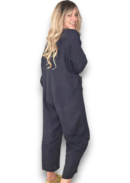 Navy Pearl Front Buttons Long Sl Jumpsuit