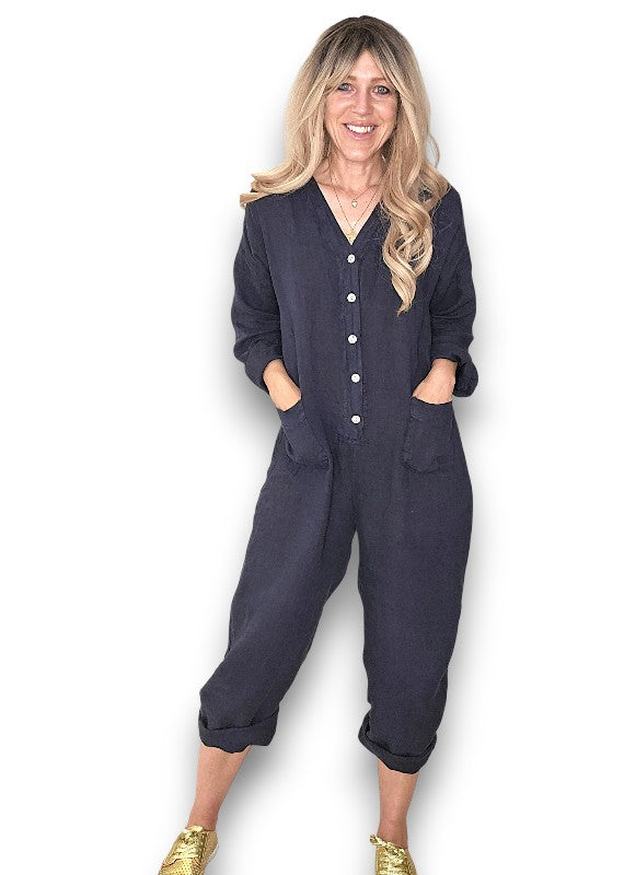 Navy Pearl Front Buttons Long Sl Jumpsuit