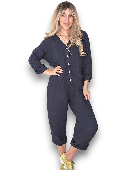 Navy Pearl Front Buttons Long Sl Jumpsuit
