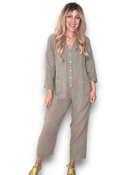 Mocha Pearl Front Buttons Long Sl Jumpsuit