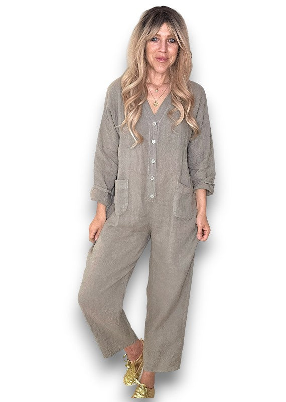 Mocha Pearl Front Buttons Long Sl Jumpsuit