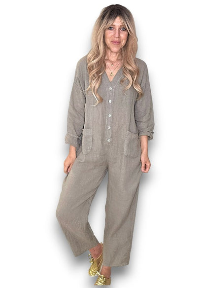 Mocha Pearl Front Buttons Long Sl Jumpsuit