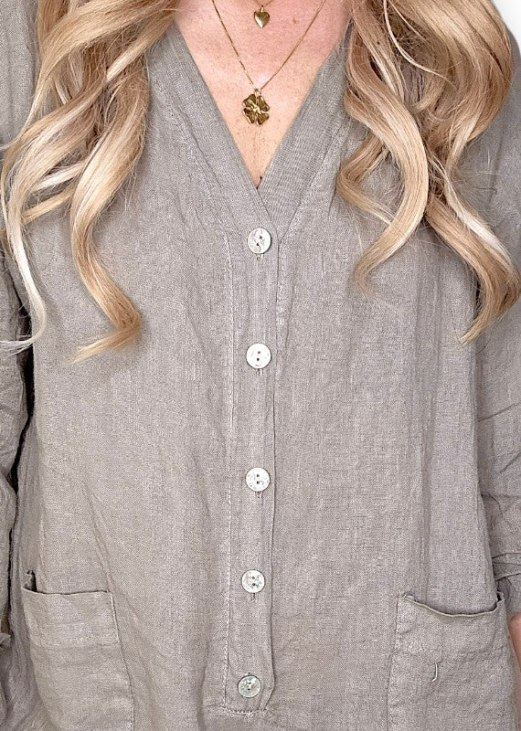 Mocha Pearl Front Buttons Long Sl Jumpsuit