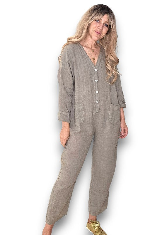 Mocha Pearl Front Buttons Long Sl Jumpsuit