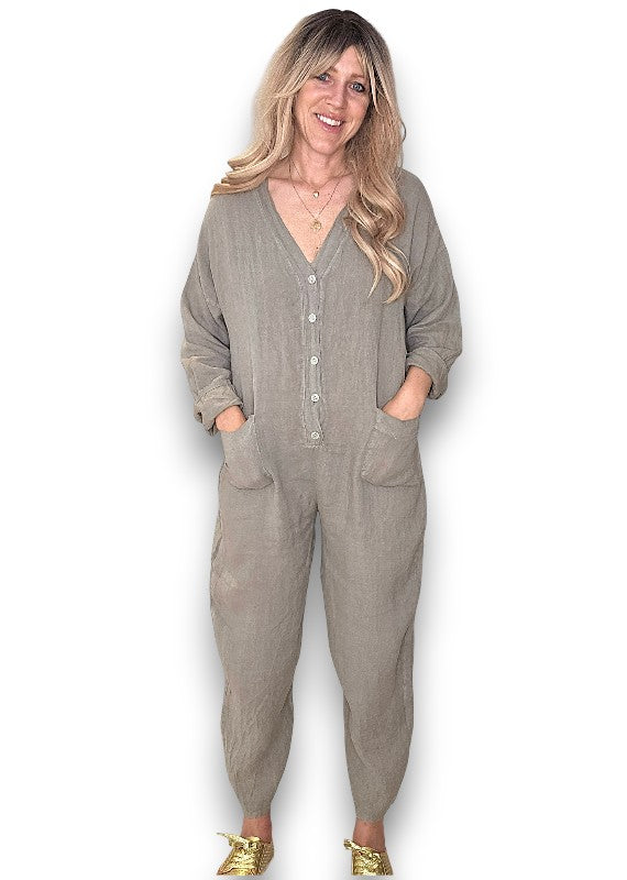 Mocha Pearl Front Buttons Long Sl Jumpsuit