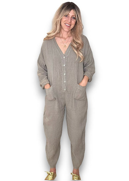 Mocha Pearl Front Buttons Long Sl Jumpsuit