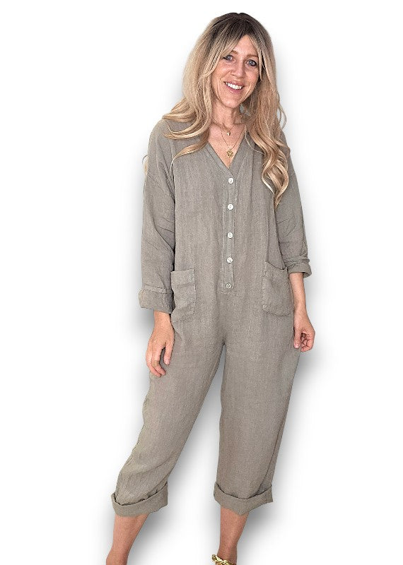 Mocha Pearl Front Buttons Long Sl Jumpsuit