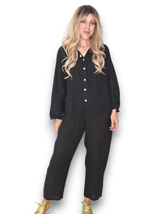 Black Pearl Front Buttons Long Sl Jumpsuit