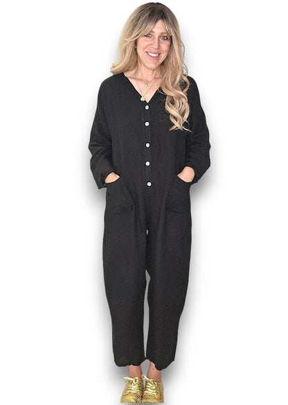 Black Pearl Front Buttons Long Sl Jumpsuit
