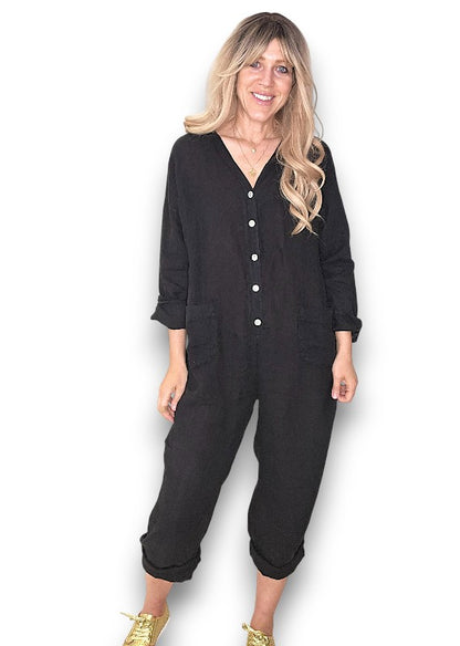 Black Pearl Front Buttons Long Sl Jumpsuit