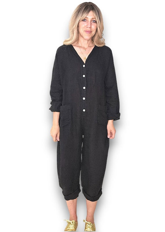 Black Pearl Front Buttons Long Sl Jumpsuit