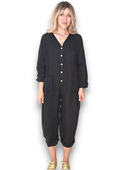 Black Pearl Front Buttons Long Sl Jumpsuit