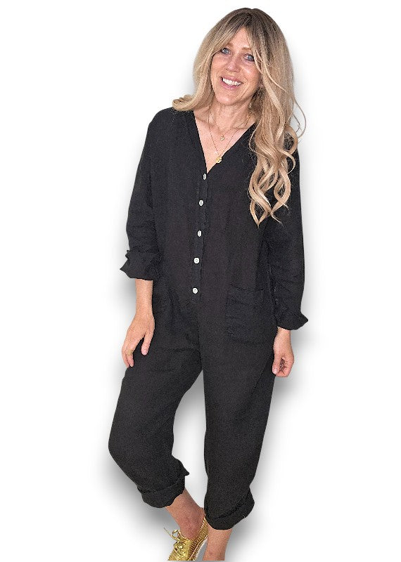 Black Pearl Front Buttons Long Sl Jumpsuit