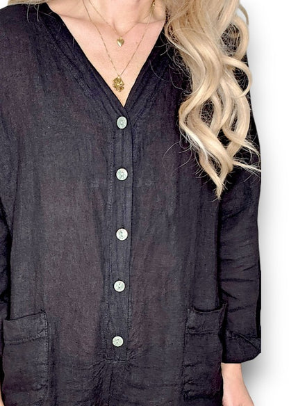 Black Pearl Front Buttons Long Sl Jumpsuit