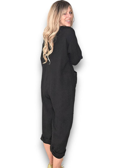 Black Pearl Front Buttons Long Sl Jumpsuit