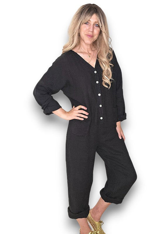 Black Pearl Front Buttons Long Sl Jumpsuit