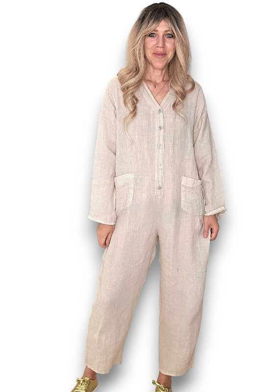 Beige Pearl Front Buttons Long Sl Jumpsuit