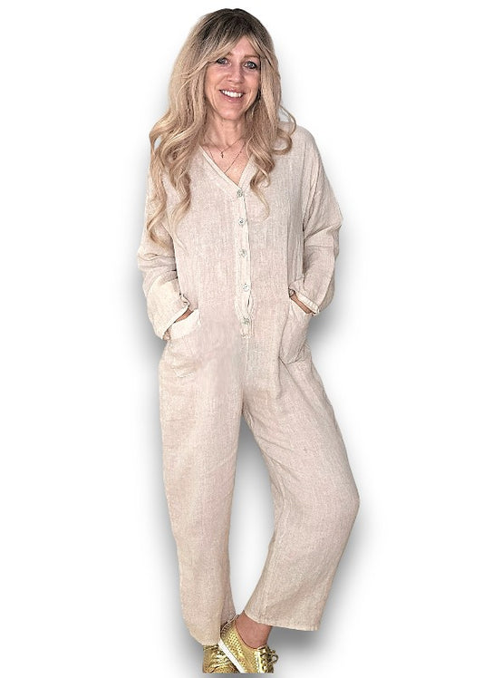 Beige Pearl Front Buttons Long Sl Jumpsuit