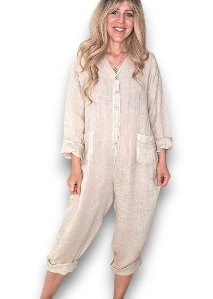 Beige Pearl Front Buttons Long Sl Jumpsuit