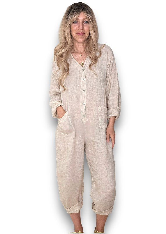 Beige Pearl Front Buttons Long Sl Jumpsuit