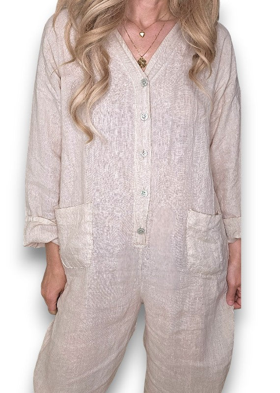 Beige Pearl Front Buttons Long Sl Jumpsuit