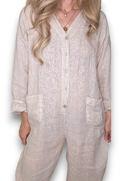 Beige Pearl Front Buttons Long Sl Jumpsuit