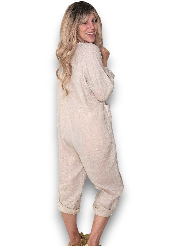 Beige Pearl Front Buttons Long Sl Jumpsuit