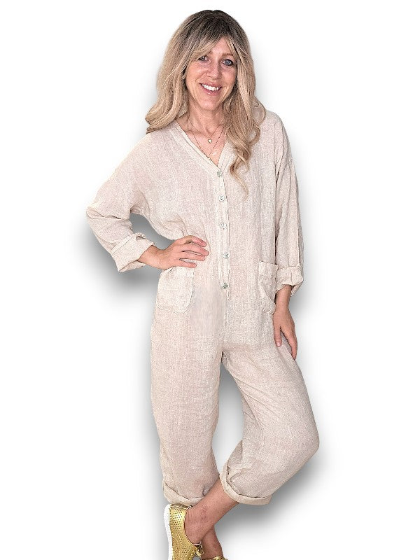 Beige Pearl Front Buttons Long Sl Jumpsuit