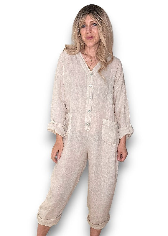 Beige Pearl Front Buttons Long Sl Jumpsuit