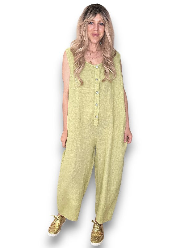 Antique Lime Pearl Front Buttons Jumpsuit