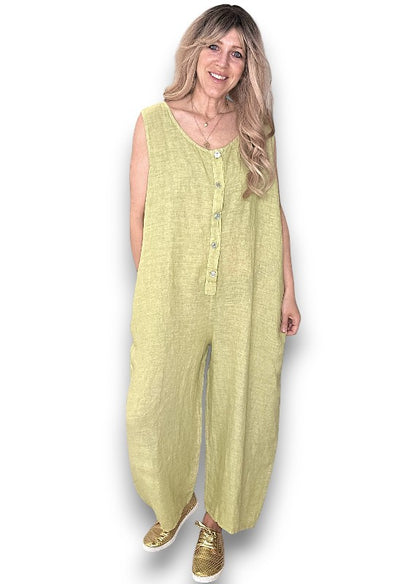 Antique Lime Pearl Front Buttons Jumpsuit